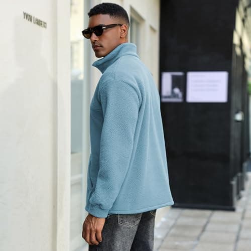 ZAFUL Mens 1/4 Zipper Fluffy Polar Fleece Pullover Sweatshirt Printed Kangaroo Pocket Fall Winter Unisex Hoodie Tops Blue 2XL - Thumbnail 5
