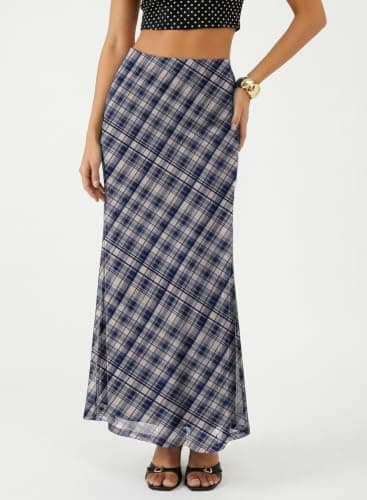 BLENCOT Retro Plaid Maxi Skirts for Women High Waisted A-Line Mesh Long Skirt for Work Business Casual Outfits Blue Small - Thumbnail 2