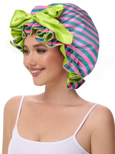 Vettres Silk Hair Bonnet for Sleeping, Satin Shower Cap for Women 2026 with Tie Band and Adjustable Straps Head Wrap for Curly Hair Pink-Red-Green F - Thumbnail 5
