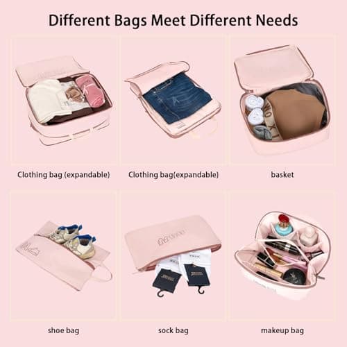 6 Set Compression Packing Cubes for Travel, Gifts for Women Mom, Anti-Tearing Suitcase Organizer for Luggage with Shoe & Hanging Toiletry Bag, Vacation Essentials & Accessories for Cruise Ship, Pink - Thumbnail 4