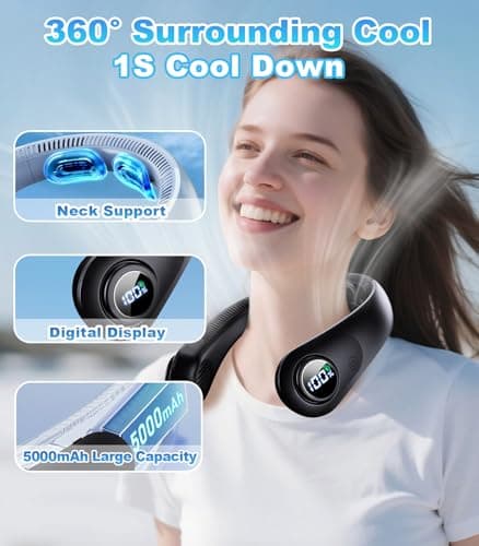 Portable Neck Fan With LED Display, Hands-free 5 Speeds Cooling, Neck Support, Lightweight, Battery Operated, Personal Bladeless Fan Rechargeable, Gift for Women Men, Hot Flashes, Travel, Camping - Thumbnail 2