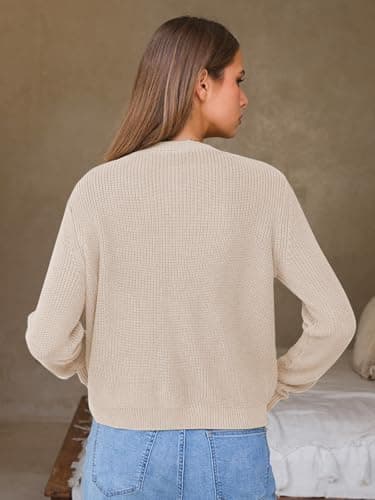 EXLURA Womens 2025 Knit Cardigan Sweaters Spring Fall Crewneck Open Front Button Jacket Fashion Outerwear Coats with Pockets Beige - Thumbnail 5