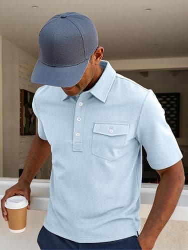 JEMLDL Mens Summer Shirts 4 Buttons Casual Vacation T Shirts Quick Dry Short Sleeve Golf Tops Outdoor Performance Light Blue M - Thumbnail 3