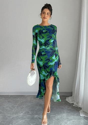 ECOWISH Women's Spring Wedding Guest Dress 2026 Long Sleeve Ruched Bodycon Floral Ruffle Cocktail Party Maxi Dresses Green X-Large - Thumbnail 2