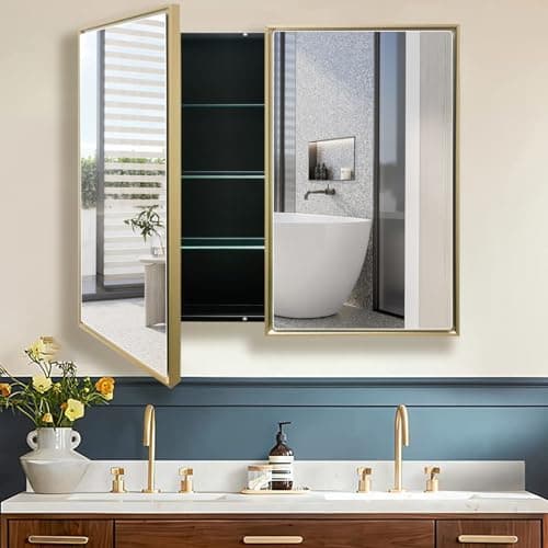 FOMAYKO Medicine Cabinet with Aluminum Framed Mirror,36"x32" Surface Mount or Recessed Mount Bathroom Vanity Mirror,Single Door Bathroom Mirror with Storage Cabinet - Thumbnail 6