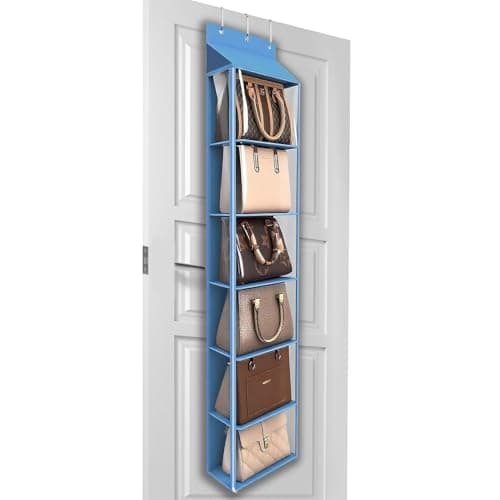 Lirex Over The Door Purse Organizer & Purse Shelf for Closet – Handbag Storage Organizer with Purse Hanger. Perfect for Scarves, Hats, and Leggings. S (11.8'' x 5'' x 51.6''), Blue - Image 1