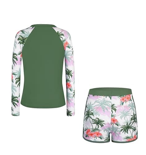 Alakuoti Girls Rash Guard Swimsuit Two Piece Bathing Suit UPF 50+ Sun Protection Long Sleeve Swimwear Size 12 Green Coconut Tree - Thumbnail 5