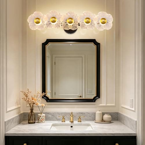 TYhogar 26.7" Black Bathroom Light Fixtures 5 Light Floral Bathroom Vanity Light, 3-Color Temperature Vanity Light Elegant Led Wall Lights Cordless Wall Sconces for Decor,Restroom,Livingroom,Bedroom - Thumbnail 2