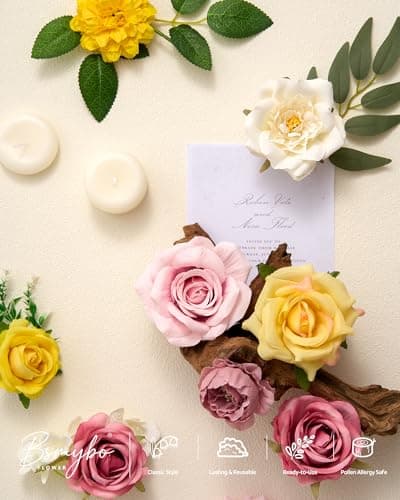 BSMYBO Artificial Flowers Combo Pink Yellow Silk Flowers Mix Fake Rose Peony Chrysanthemum with Stem for Wedding Bridal Bouquets Baby Shower Cake Floral Arrangement Table Centerpieces Home Decor - Thumbnail 6