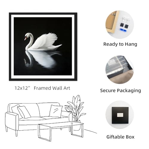 Moonow7 Swan Wall Art Framed – Small Minimalist Animal Print, Vintage Art Prints for Bedroom, Living Room, Entryway, Black and White Gallery Wall Decor, Zen Aesthetic Home Decor, Size 12x12” - Thumbnail 2