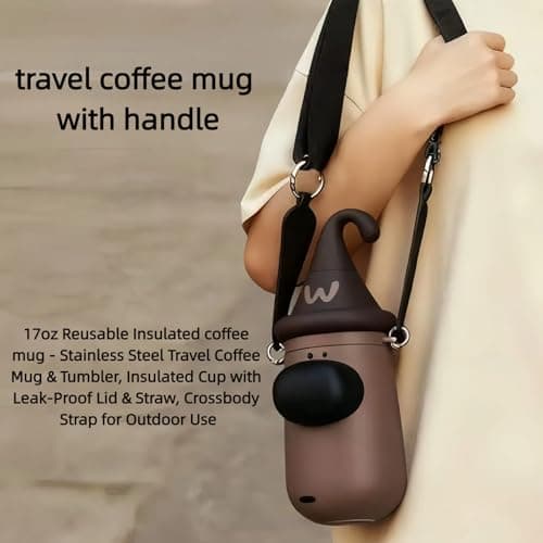 Insulated Water Bottle, 100% Leak-proof Travel Mug | w/baldric & Straw|Silicone Sleeve for Durability | 316 stainless steel cup body | 3-In-1 Lid | Reusable Coffee Travel Mug. (Brown) - Thumbnail 3