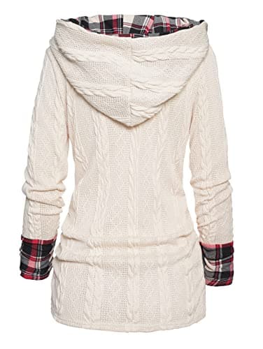 ZEZCLO Women's Twisted Cable Knit Plaid Print Hooded Sweater Mock Button Ruched Shawl Neck Knit Top Light Coffee S - Thumbnail 4
