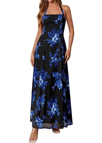 KIRUNDO Women's Summer Sleeveless Halter Floral Maxi Dress 2026 Beach Wedding Guest Cocktail Mesh Flowy A Line Long Sundress(Black, X-Large) - Image 1