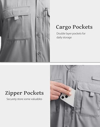 BETBO Men's Short Sleeves Fishing Shirts Button Down Summer Travel Work Shirts with Zipper Pockets(Light Grey, Small) - Thumbnail 4