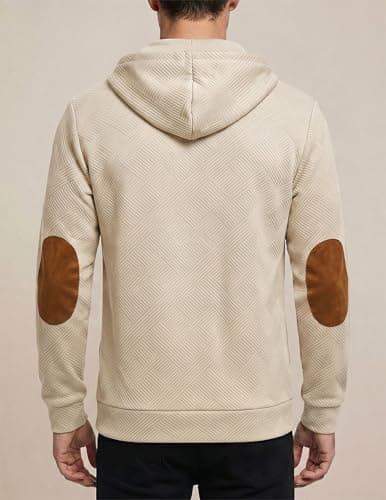 JMIERR Hoodies for men Casual Cotton Textured Long Sleeve Quarter Collar Drawstring Button Pullover Hooded Early Fall Fashion Sweatshirts, S, Beige - Thumbnail 2