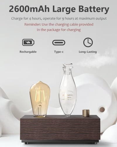 Waterless Essential Oil Diffusers with Rechargeable Battery & 9H Runtime, Aromatherapy Diffusers with Bulb, Scent Diffusers Premium Wood & Glass Nebulizer Cordless for Large Home, Hotels, Rooms - Thumbnail 2