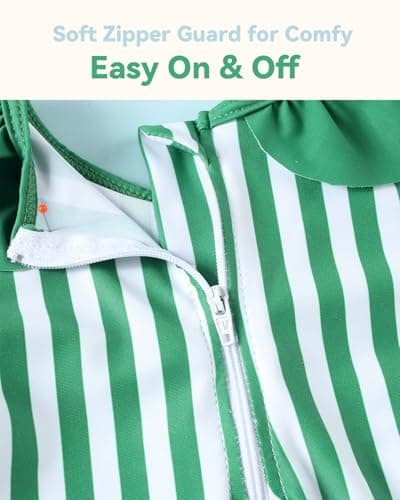 JiAmy Toddler Baby Girls One Piece Swimsuit Long Sleeve Zip Up Bowknot Swimwear Bathing Suit Rash Guard with Sun Hat Set Green 0-3 Months - Thumbnail 5