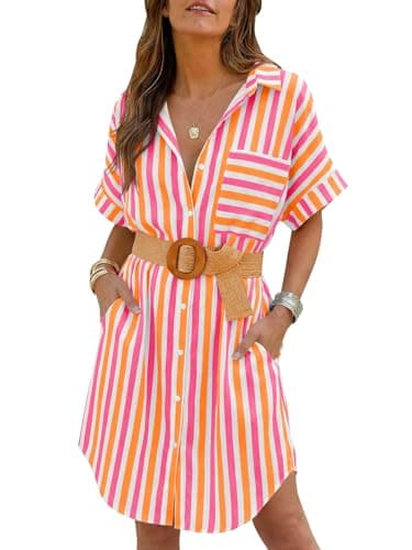 Wenrine Women's Oversized Striped Shirt Dress Casual Button Up Short Sleeve Belted Summer Midi Long Boho Dress with Pockets Pink - Image 1
