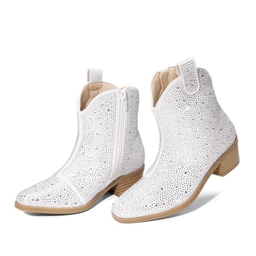 DREAM PAIRS Girls Cowgirl Cowboy Rhinestone Boots Ankle Low Heel Dress Booties,Size 11 Little Kid,White,SDBO2407K - Image 1