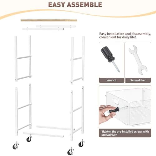 SUNALLY Rolling Kitchen Cart with Drawers, 4-Tier Utility Cart Fruit Vegetable Storage Cart with Lockable Wheels, Wooden Top Metal Kitchen Storage Organizer for Cans, Snacks, Beauty, Craft, Art, White - Thumbnail 6