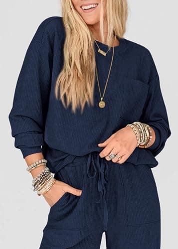 KIRUNDO Lounge Sets for Women 2026 Fall Airport Travel Outfits Ribbed Knit Tops Jogger Pants Tracksuit Postpartum Comfy Set(Navy, X-Small) - Thumbnail 5