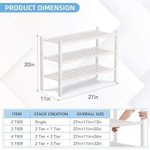 Buymoth 3 Tier Bamboo Shoe Rack Storage Organizer for Closet, Multifunctional Stackable Free Standing Shoe Shelf Organizer for Small Space,Entryway, Hallway, Bathroom27 x11 x20 (White, 3 Tier) - Thumbnail 2