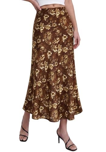 BTFBM Satin Skirts for Women Trendy Spring Summer 2026 High Waisted Leopard Print Cocktail Wedding Long Silk Midi Skirt(Floral Brown Yellow, Small) - Image 1