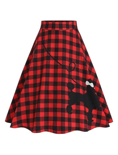 ZEZCLO Women's 50s Vintage Poodle Skirt Dog Printed High Waist Loose Fold Pleated A-line Zipper Skirts Red Grid XL - Image 1