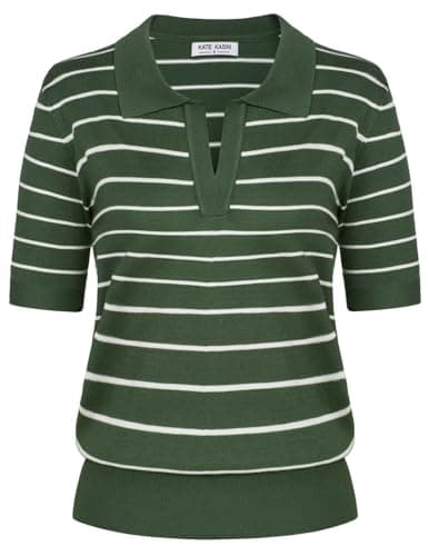 Kate Kasin Women Summer Striped Tops Knitted Tee Shirt Casual Short Sleeve Ribbed Hem Sweater Army Green White M - Image 1