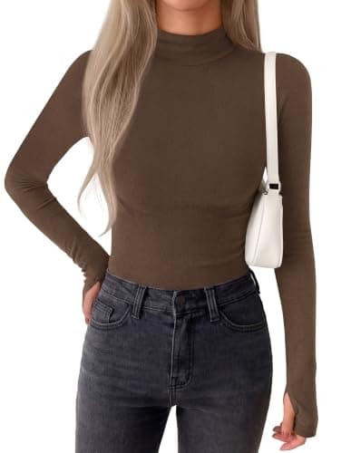 BTFBM Turtleneck Tops for Women Thumbhole Long Sleeve Shirts Brown - Image 1