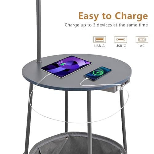 YJSQOEOE Floor Lamp with Cat Bed and Charging Station, Adjustable Lampshade, 3 Color Temperatures, Remote & Rocker Switch Control, Standing Lamp with USB & AC Outlets for Living Room Bedroom, Gray - Thumbnail 4
