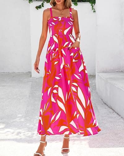 PRETTYGARDEN Womens Summer Dresses 2026 Casual Spaghetti Strap Ruffle Smocked Flowy Floral Spring Maxi Dress with Pocket(Rose Red Orange Floral,Small) - Thumbnail 6