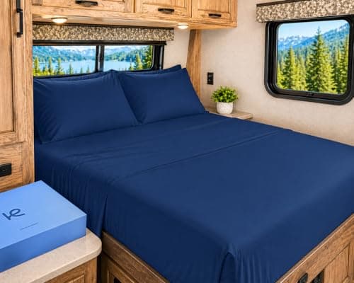 Kickoff Viscose Bamboo Sheets RV Short Queen Size 4-pc 100% Organic Bamboo Viscose Bed Cooling Sheets Set (60" x 75") Cool Bedding for hot Sleepers Sheet Set - Gift Ready Packaging (Dark Blue, SQ) - Image 1