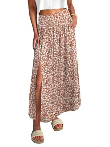ANRABESS Women's Maxi Skirts, Soft Flowy Boho Floral, Long Casual Side Slit Skirt, Perfect for Beach, Vacation & Summer Floral Brown X-Large - Image 1