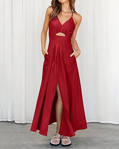 BTFBM Women 2026 Spaghetti Strap Midi Summer Dresses Sleeveless V Neck Cutout Slit Casual Beach Party Maxi Dress Pockets(Red, Medium) - Thumbnail 6