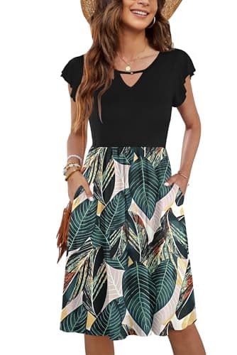 WNEEDU Summer Dresses for Women 2025 Ruffle Sleeve Casual Sundress Swing Elastic Waist Dress with Pockets(Leaf Print,S)