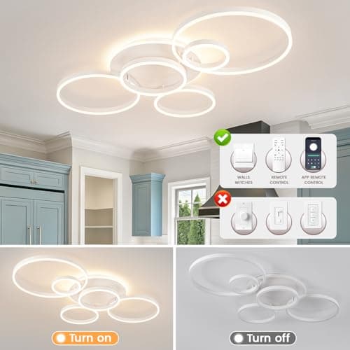 Modern LED Ceiling Light White Flush Mount Ceiling Light Dimmable Dining Room Light Fixtures with Remote 5 Rings Acrylic Kitchen Lighting Fixtures Ceiling Lamp for Living Room Bedroom (White, 5 Rings) - Thumbnail 4
