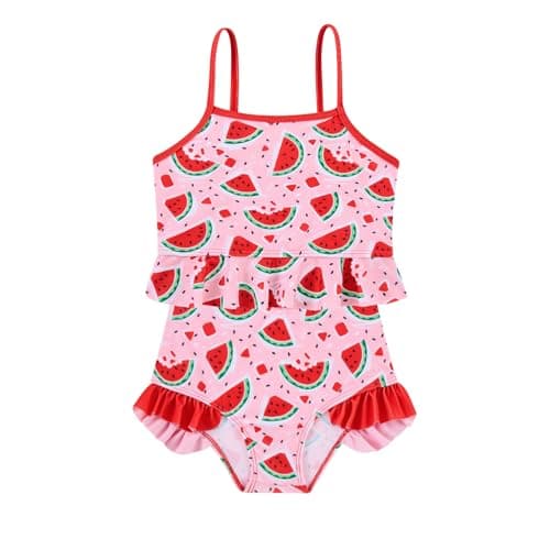 Funnycokid 4T 5T Swimsuit Kids Little Girls Watermelon Red Bathing Suit Ruffle Rashguard Sets Sun Protection Long Sleeve 3 Piece Tankini - Thumbnail 6