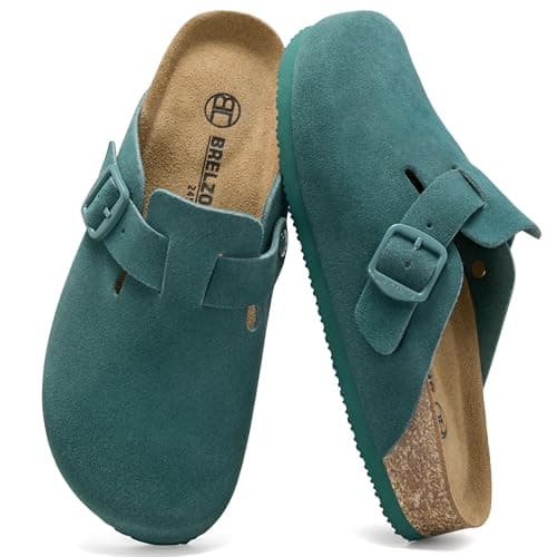 Brelzo Calvior Women's Suede Clogs Men's Slip-On Leather Mules Non-Slip Potato Shoes Arch Support Sandals with Adjustable Buckle for Indoor & Outdoor Use Peacock Green - Image 1