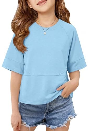 Humordream Girls Shirts Kids Raglan Short Sleeve T Shirts Summer Crewneck Oversized Crop Top Basic Tees 5-14Y Blue - Image 1