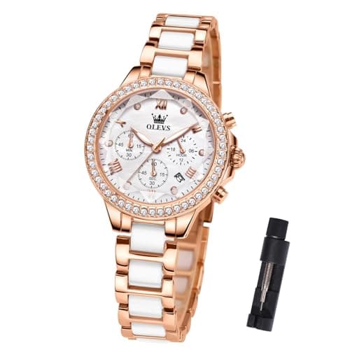 OLEVS Women's Rose Gold Watch Waterproof Ceramic Stainless Steel Band Luxury White Mother of Pearl Dial Chronograph Elegant Ladies Watches Quartz Diamond Accents Luminous Dress Watch Gift for Women - Image 1