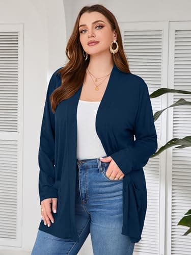 AusLook Women's Plus Size Lightweight Open Front Cardigan Dark Blue 3X Causal Long Sleeve Cover Ups Shrugs Tops Shawls and Wraps Kimono Jacket Coat - Thumbnail 5