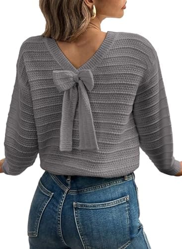 EVALESS Fall Sweaters for Women Long Sleeve Teacher Outfits 2026 Trendy Cute Back Bow Knot Sweaters Round Neck Solid Fashion Clothing Knit Pullover Sweater Tops Gray Xx-Large - Image 1