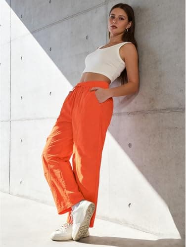 LOOKBOHO Women's Hiking Pants 2026 - High Waist Wide Leg Baggy Casual Drawstring Lightweight Parachute Cargo Trouser Streetwear with Pockets Orange XX-Large - Thumbnail 5