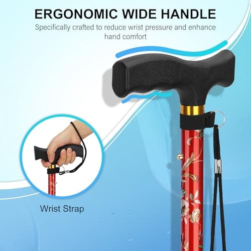 supregear Folding Cane, Lightweight 5-Level Adjustable Walking Stick with Wrist Strap and T-Handle, Portable Mobility Aid for Elderly and Disabled Men and Women, Floral Red - Thumbnail 2