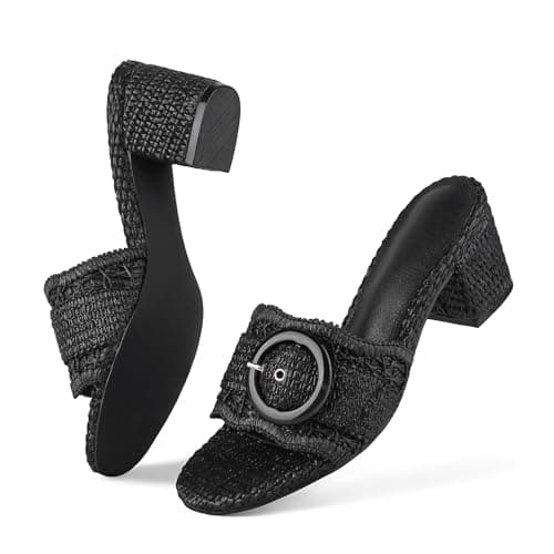 Grakihily Womens Raffia Mule Slides Sandals Open Toe Backless Buckle Heeled Sandals Chunky Block Heel Bohemia Beach Dressy Slip on Summer Vacation Shoes,Black Size 9.5 - Thumbnail 4