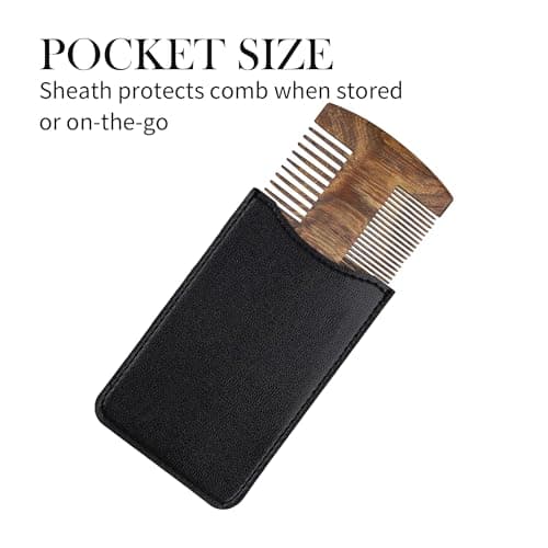 YAKUNCL Handmade Black Sandalwood Beard & Mustache Comb for Men, Double-Sided Fine Tooth Wooden Beard Comb with PU Leather Case, Wooden Pocket Comb for Scalp Massage & Beard - Thumbnail 4