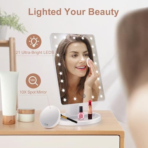 COSMIRROR Lighted Makeup Vanity Mirror with 10X Magnifying Mirror, 21 LED Lighted Mirror with Touch Sensor Dimming, 180°Adjustable Rotation, Dual Power Supply, Portable Cosmetic Mirror (White) - Thumbnail 6