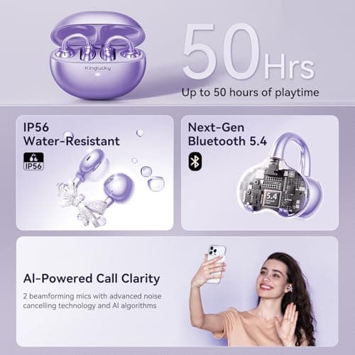 Kinglucky Open-Ear Clip-On Earbuds with Jewelry Bow Earrings, Purple - Thumbnail 6