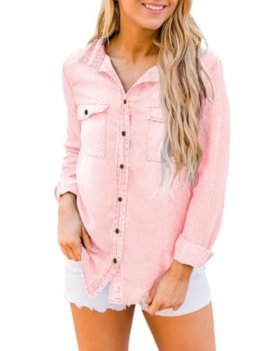 Vetinee Women's Candy Pink Button Down Denim Shirt Collared Classical Casual Vintage Retro Long Sleeve Pocket Tunic Fall Tops Blouse Size X-Large Size 0 Size 2 - Thumbnail 6